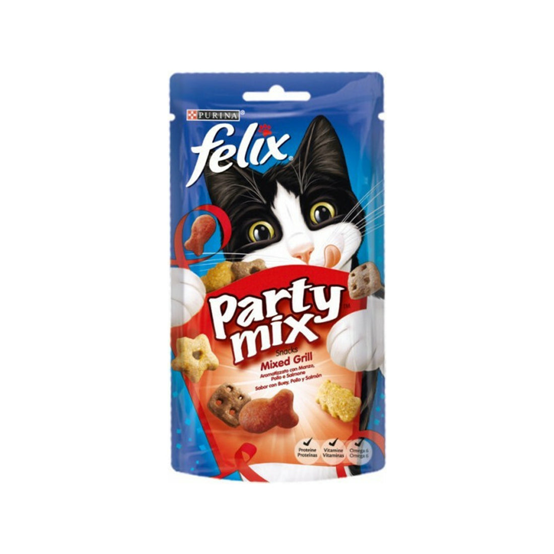 Purina Felix Party Mix Λιχουδιές Σνακ Γάτας Mixed Grill με Βοδινό, Κοτόπουλο & Σολομό 60gr